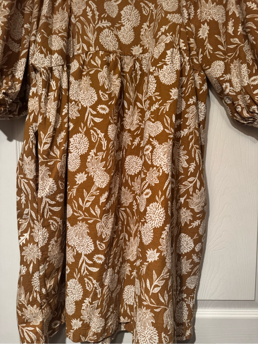 Universal Thread Sz XL Raw Umber Brown Floral Puff-Sleeve Cotton Mini Dress - Picture 10 of 13